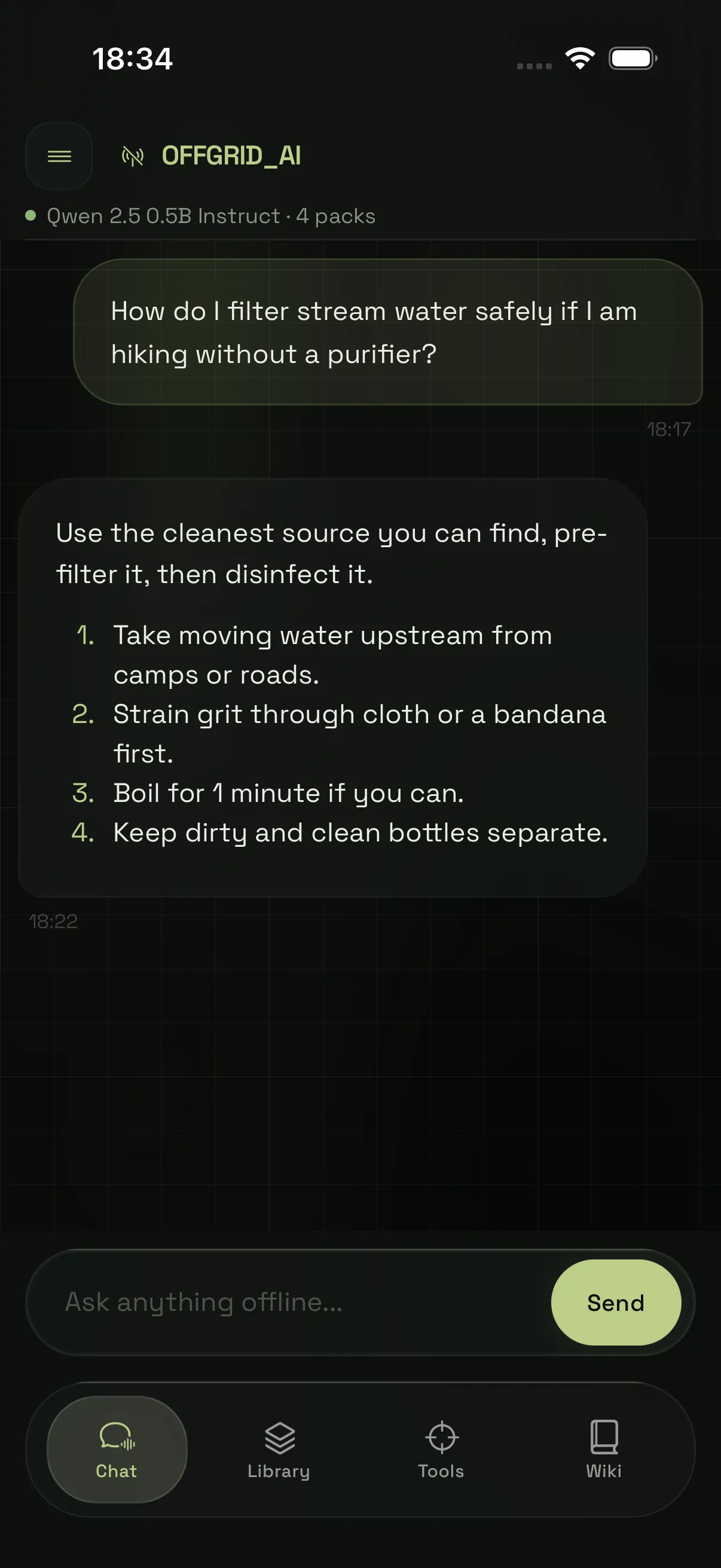 offgridAI chat screen
