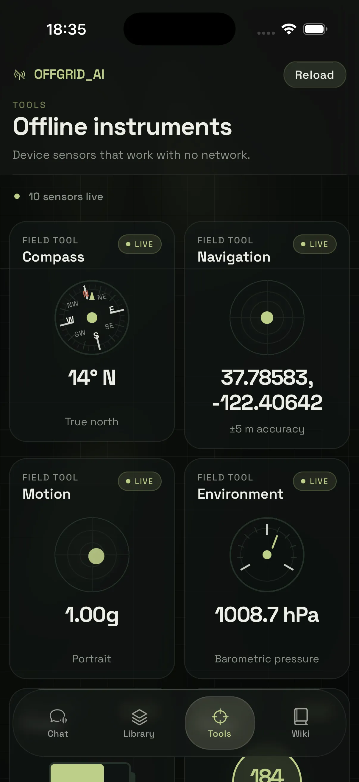 offgridAI field instruments screen